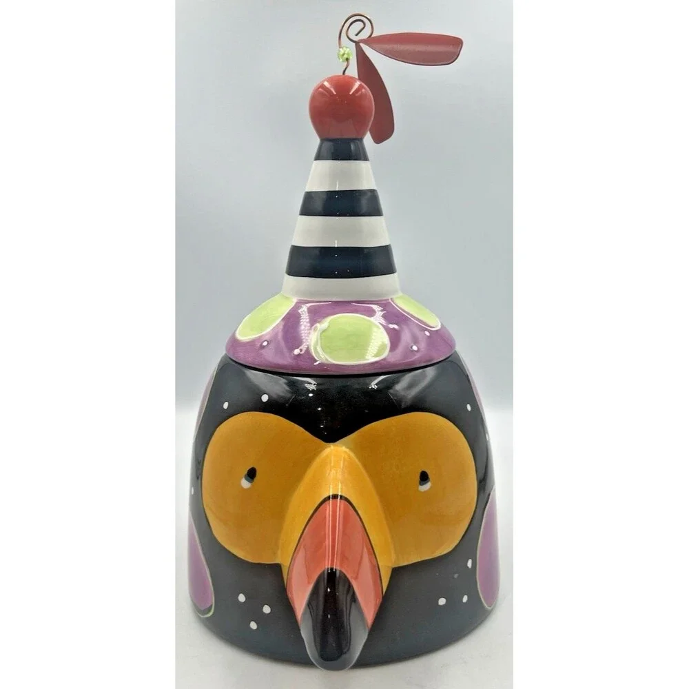 Vtg Wacky Bird Cookie Jar Joanne Delomba Lotus Pottery Rare Black Crow Spinner